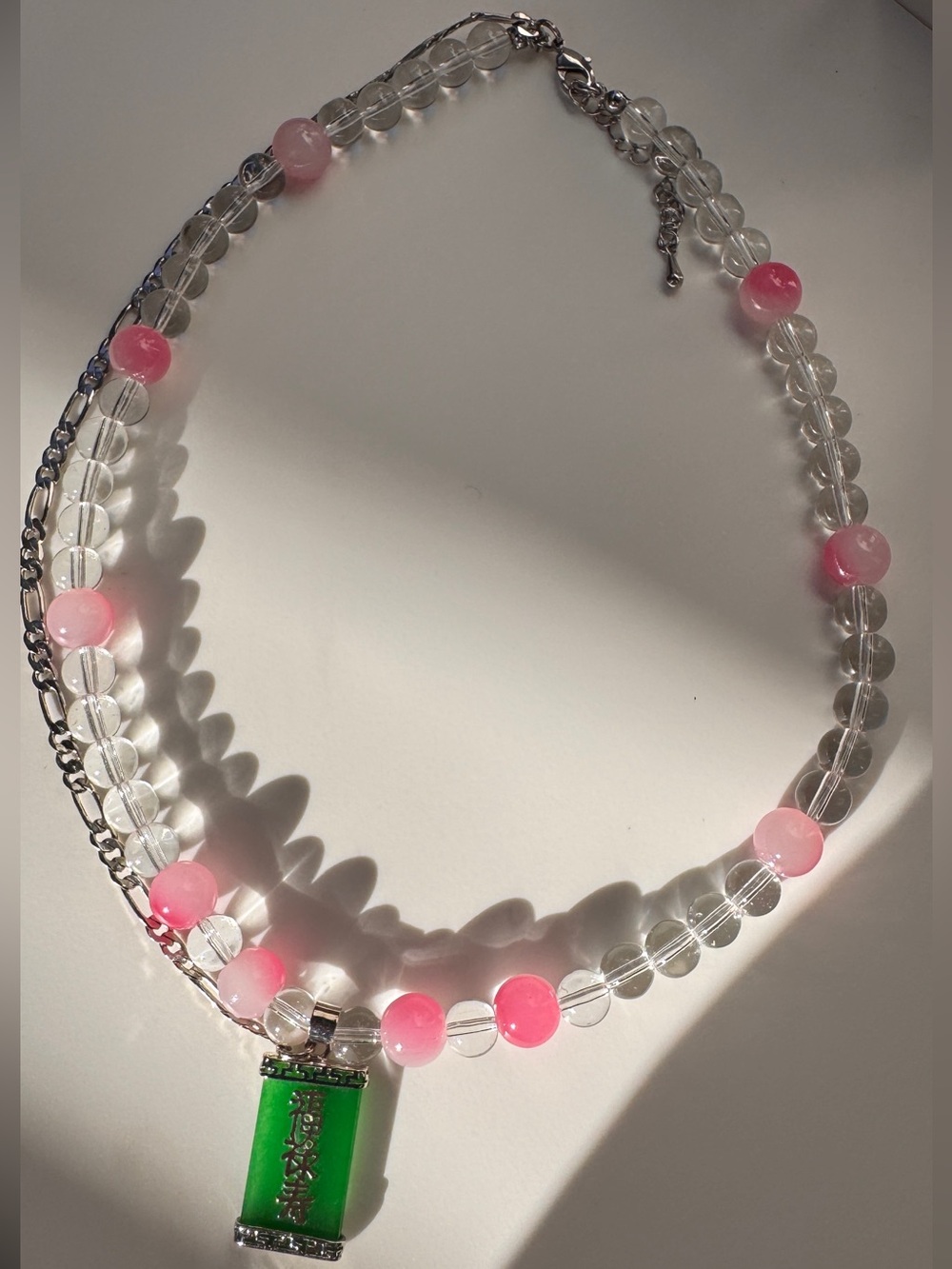 Pink Beaded Necklace with Green Enamel Pendant